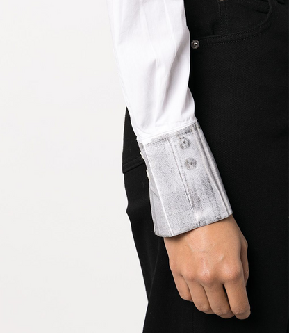 white cotton button shirt with silver cuffs and silver neck collar 