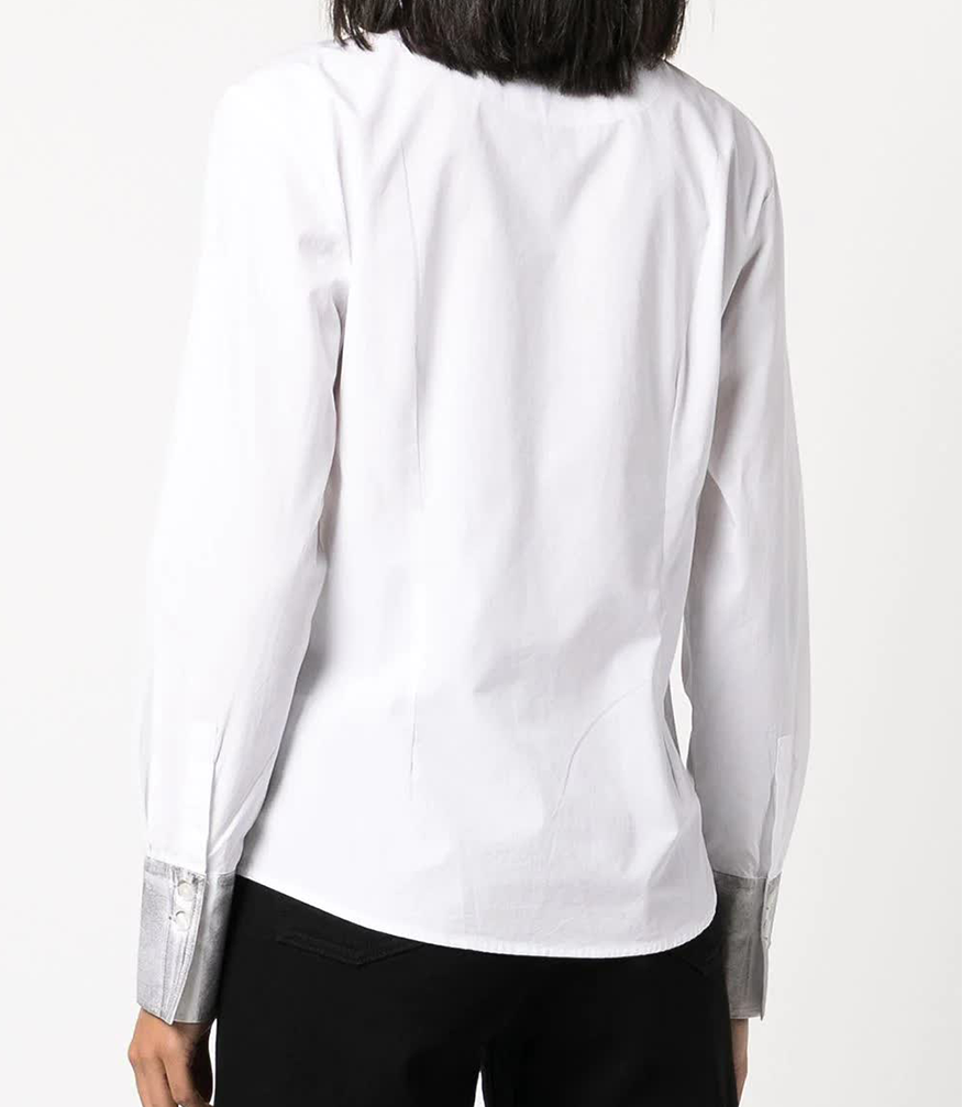 white cotton button shirt with silver cuffs and silver neck collar 