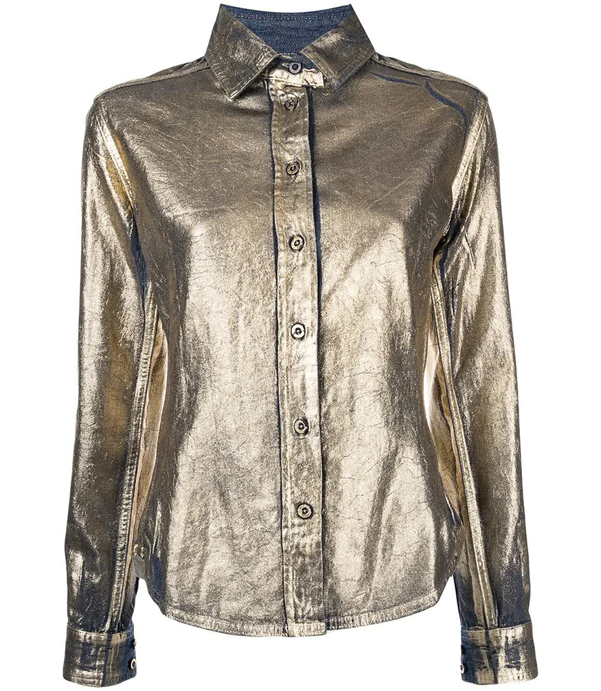 denim button up shirt with gold laminated outer