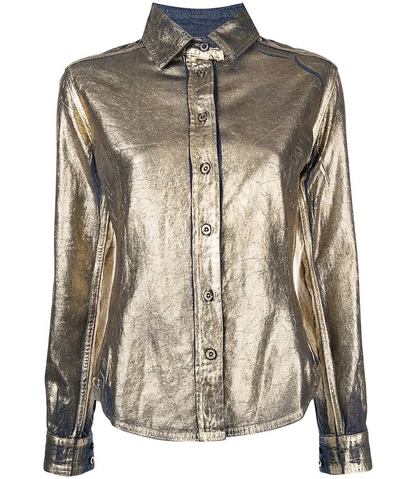 denim button up shirt with gold laminated outer