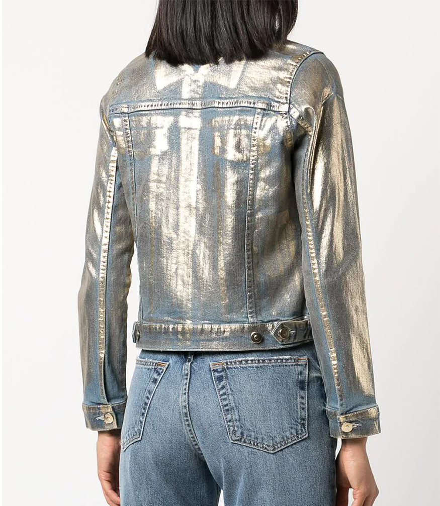 denim jacket with metallic details on outer 