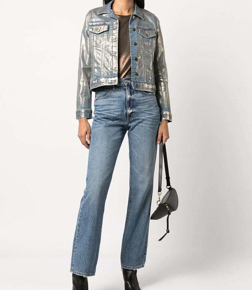 denim jacket with metallic details on outer 