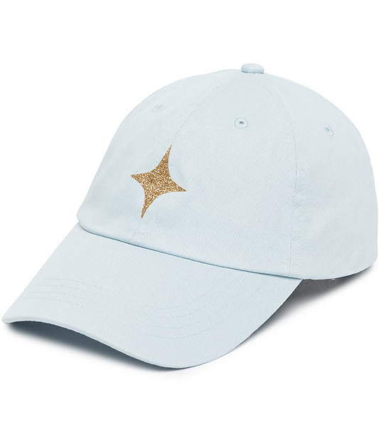 baseball cap with gold glitter star on front and an adjustable strap at back