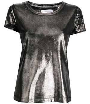Short-sleeve crew neck T-shirt made from a soft, stretch-finish fabric with a subtle sheen. Features a fitted silhouette with clean stitching and minimal seams.