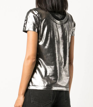 Short-sleeve crew neck T-shirt made from a soft, stretch-finish fabric with a subtle sheen. Features a fitted silhouette with clean stitching and minimal seams.