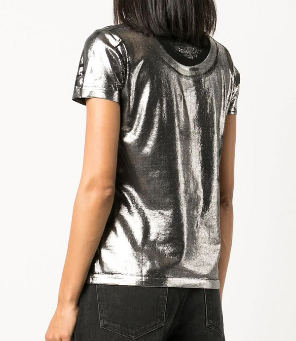 Short-sleeve crew neck T-shirt made from a soft, stretch-finish fabric with a subtle sheen. Features a fitted silhouette with clean stitching and minimal seams.