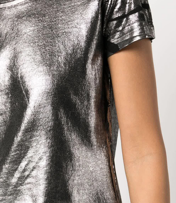 Short-sleeve crew neck T-shirt made from a soft, stretch-finish fabric with a subtle sheen. Features a fitted silhouette with clean stitching and minimal seams.