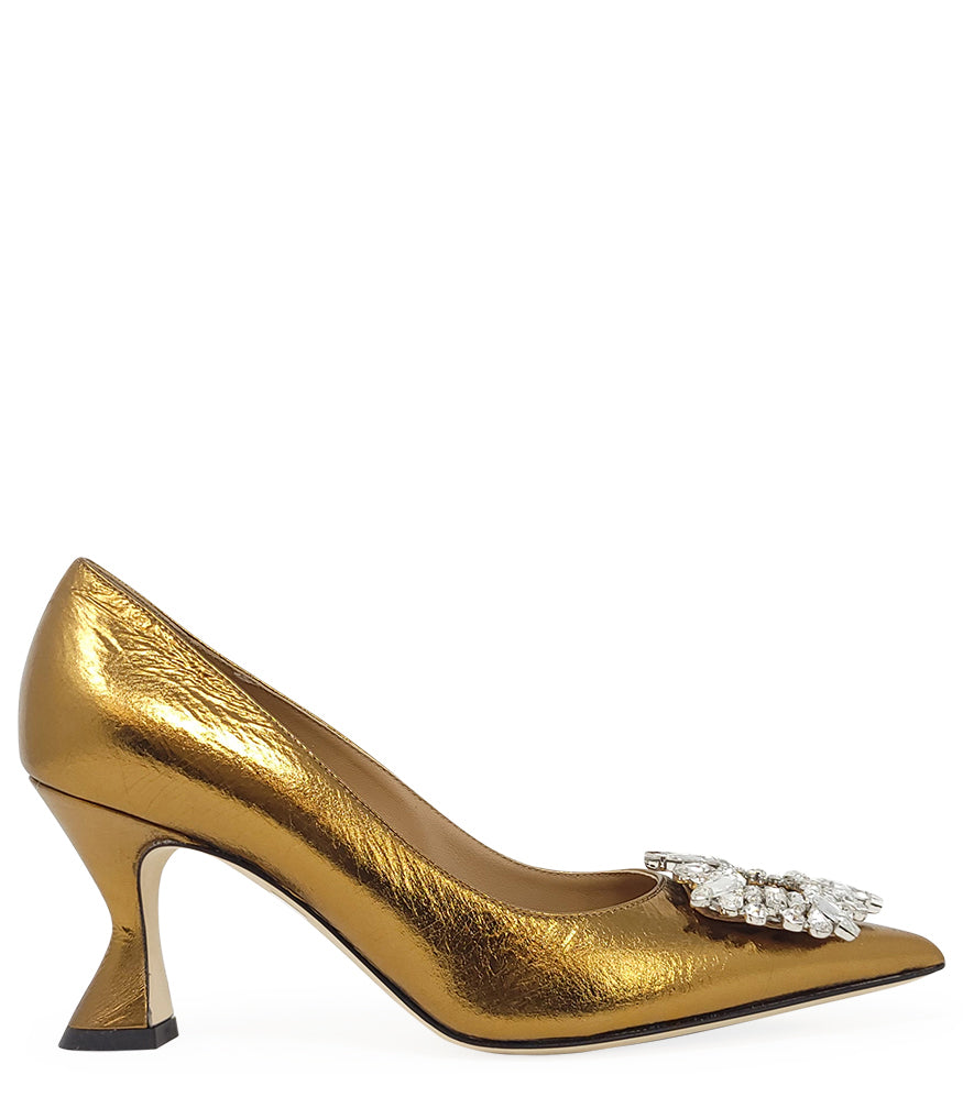Pointed-toe pump crafted from premium leather with a softly crinkled finish, featuring an embellished jeweled buckle at the toe and a sculpted flared kitten heel. Designed with a leather-lined interior and a leather outsole for comfort and durability. Ele