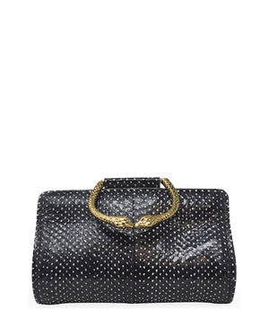 Structured mini handbag crafted from textured leather with a dotted pattern, featuring a sculptural metal snake-shaped top handle with dual serpent heads. Includes a detachable adjustable leather strap with metal clasps for versatile wear as a crossbody o