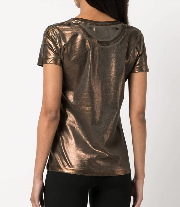Short-sleeve crew neck T-shirt made from a soft, stretch-finish fabric with a subtle sheen. Features a fitted silhouette with clean stitching and minimal seams.