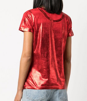 Short-sleeve crew neck T-shirt made from a soft, stretch-finish fabric with a subtle sheen. Features a fitted silhouette with clean stitching and minimal seams.