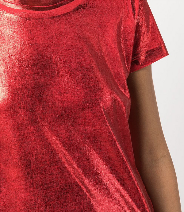 Short-sleeve crew neck T-shirt made from a soft, stretch-finish fabric with a subtle sheen. Features a fitted silhouette with clean stitching and minimal seams.