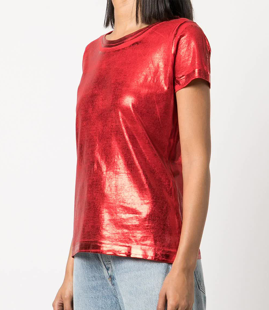 red metallic shirt