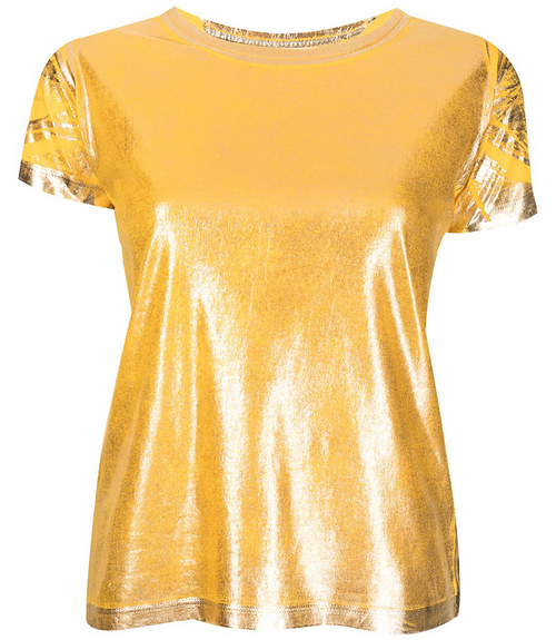 Short-sleeve crew neck T-shirt made from a soft, stretch-finish fabric with a subtle sheen. Features a fitted silhouette with clean stitching and minimal seams.