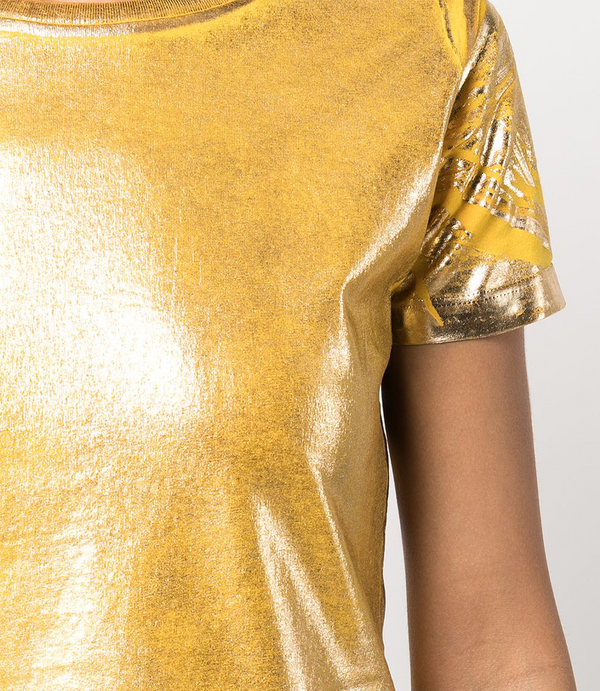 Short-sleeve crew neck T-shirt made from a soft, stretch-finish fabric with a subtle sheen. Features a fitted silhouette with clean stitching and minimal seams.