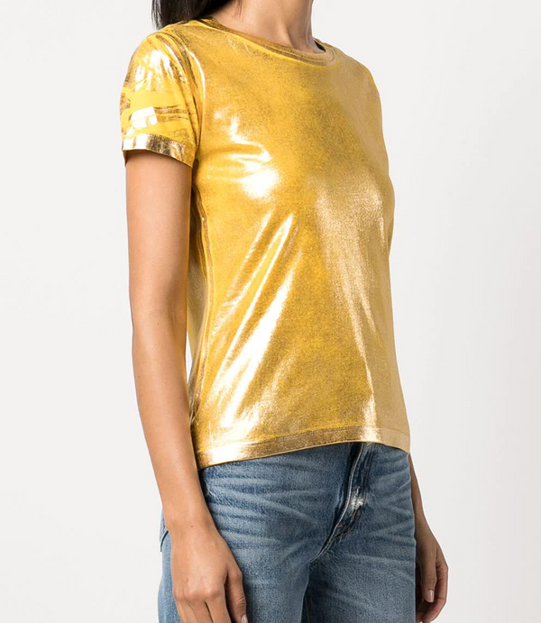 Short-sleeve crew neck T-shirt made from a soft, stretch-finish fabric with a subtle sheen. Features a fitted silhouette with clean stitching and minimal seams.
