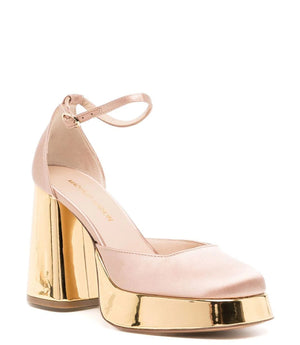Women's Italian-made closed-toe platform heel featuring a bold metallic block heel, cushioned leather insole, and ankle strap closure for secure and stylish support. Expertly crafted for elevated comfort and striking presence.