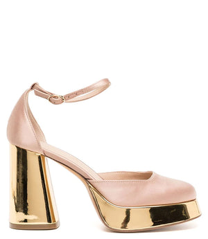 Women's Italian-made closed-toe platform heel featuring a bold metallic block heel, cushioned leather insole, and ankle strap closure for secure and stylish support. Expertly crafted for elevated comfort and striking presence.